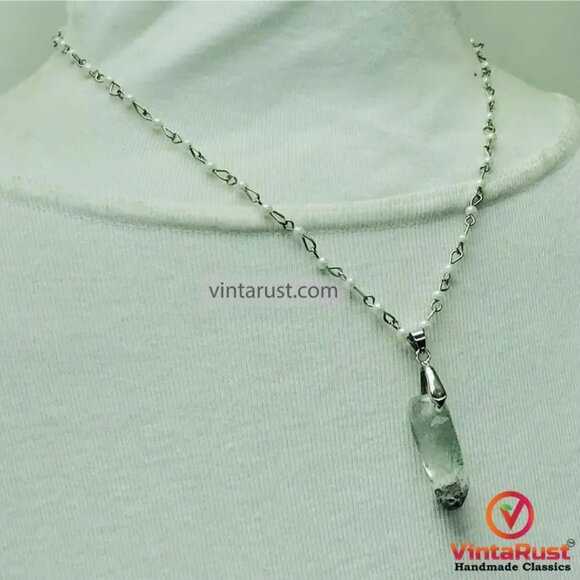 Handmade Clear Quartz Pendant Necklace with Delicate Pearl Chain, Stylish Unisex - Picture 9 of 14